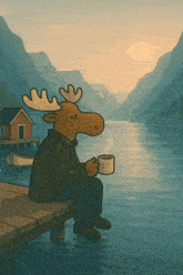 a moose sits on a dock with a cup of coffee