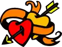a heart with an arrow through it and a ribbon around it .