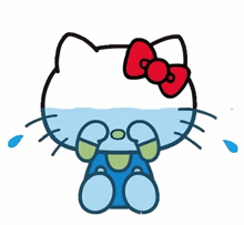 a cartoon drawing of hello kitty with a red bow on her head crying
