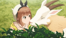 a girl kissing a goat on the nose in a field
