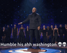 a group of people are dancing with the words humble his ahh washington above them
