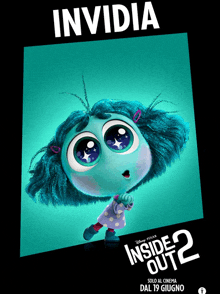 a poster for inside out 2 shows a little girl with blue hair