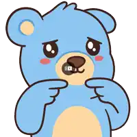 a blue teddy bear is making a funny face with its hands on its face