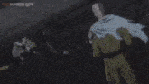 a man with white hair is laying on the ground with the words red haired guy in the background