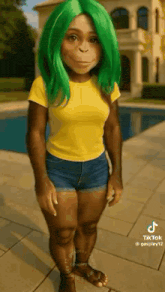 a woman with green hair and shorts is standing in front of a pool .
