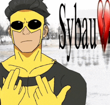 a cartoon of a man wearing sunglasses and a mask with sybau written in black