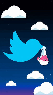 a pixel art drawing of a bird carrying a baby in its beak