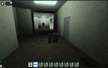 a screenshot of a video game shows a hallway with a table in the middle of it