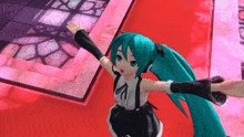 a girl with blue hair and black gloves is standing on a red carpet