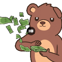 a cartoon of a bear holding a stack of money with dollar bills falling around him