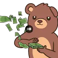 a cartoon of a bear holding a stack of money with dollar bills falling around him