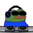 a frog wearing headphones and sunglasses is sitting on top of a dj controller .