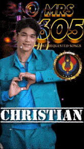a poster for mrs 305 most requested songs shows a man in a blue jacket