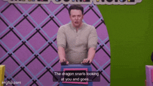a man is standing in front of a checkered wall and saying " whiningly what are you gonna do to me ? "