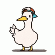 a cartoon duck wearing a hat is walking on a white background .