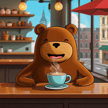 a cartoon bear is sitting at a counter drinking a cup of coffee