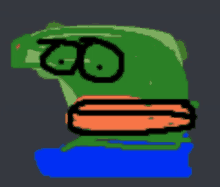 a cartoon drawing of a green frog with an orange beak and a black eye