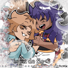 a picture of two cartoon characters with the words leon de fie < 3