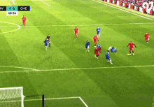 a group of soccer players on a field with a score of 0-0 between liverpool and che