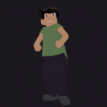 a cartoon character in a green shirt and black pants
