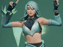 a woman with blue hair is wearing a blue top and black gloves