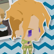 a cartoon drawing of a man with purple eyes and a blue earring