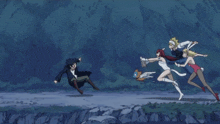 a group of anime characters are running after a man with a book in his hand