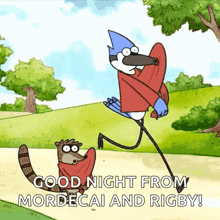 a cartoon of mordecai and rigby saying good night