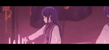 a girl with long purple hair is standing next to another girl .