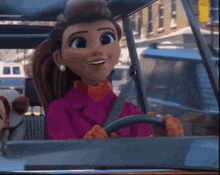 a cartoon woman is smiling while driving a car .