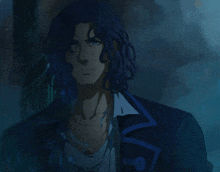 a man with long blue hair and a beard is wearing a blue jacket