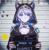 a girl in a cat costume is holding a sign that says suspect on it