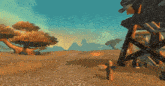 a video game scene with a tower and trees in the background