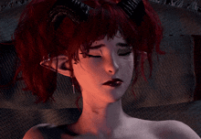 a close up of a woman 's face with horns on her head