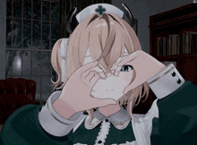 a nurse with horns and a cross on her hat