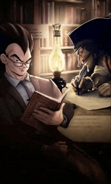 a cartoon of a man reading a book next to a man with a pirate hat