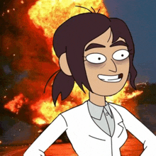 a cartoon woman in a lab coat is smiling in front of a fire explosion .