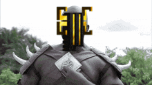 a man with horns is holding a card that says eme