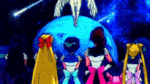 a group of sailor moon characters are standing in front of a blue planet .