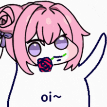 a cartoon of a girl with a rose in her mouth and the word oi written below her