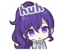a cartoon girl with purple hair and a ponytail has the word huh written on her head .