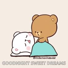 a cartoon of a teddy bear kissing another teddy bear with the words `` goodnight sweet dreams '' .