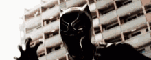 a black panther is standing in front of a tall building .