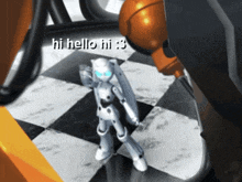 a robot is standing on a checkered floor and says hi hello