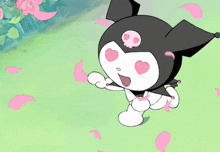 a cartoon character with hearts in her eyes is standing in a field surrounded by pink petals .