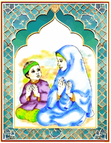 a cartoon of a woman and a boy praying