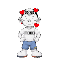 a cartoon character wearing sunglasses and a mood shirt