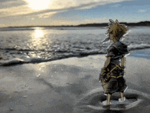 a cartoon character is standing on a beach looking at the ocean