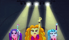 a cartoon of three girls standing on a stage with their hands in the air
