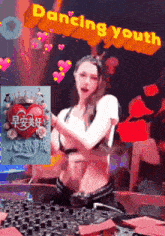 a woman is dancing in front of a sign that says " dancing you "